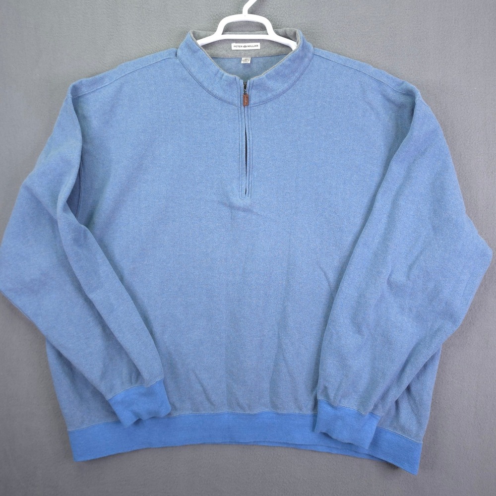 Peter Millar Quarter Zip Pullover Sweater Blue Herringbone 4X Cotton
